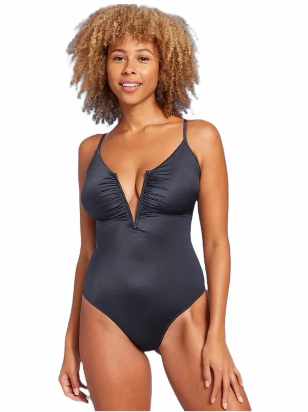 Shade & Shore Women's Shirred V-Wire Plunge One Piece Swimsuit XL Dark Grey